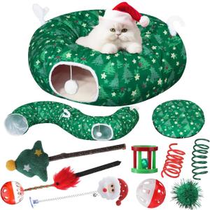 Cat Tunnel Christmas Tree Skirt, Green Christmas Tree Cat Tunnel Bed with Star and Toys, Hanging Pom Ball Plush Washable Cushion Peekaboo Playground for Small Medium Rabbit Xmas Decor
