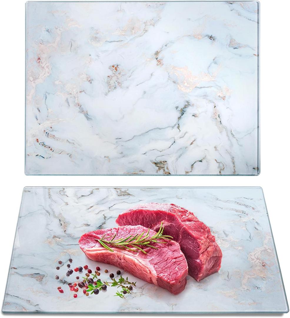 Set of 2 Glass Cutting Board with Marble Pattern, Tempered Glass Chopping Board with Non-Slip Feet, 16"x 12" Large Glass Board for Countertop, Kitchen, Dishwasher Safe