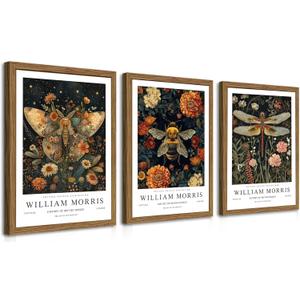 Wood Frame William Morris Wall Art Set of 3, Vintage Animal Bee Butterfly Dragonfly Posters Prints, Botanical Nature Flower Canvas Wall Decor Paintings for Living Room Bedroom Bathroom 16x24In Framed