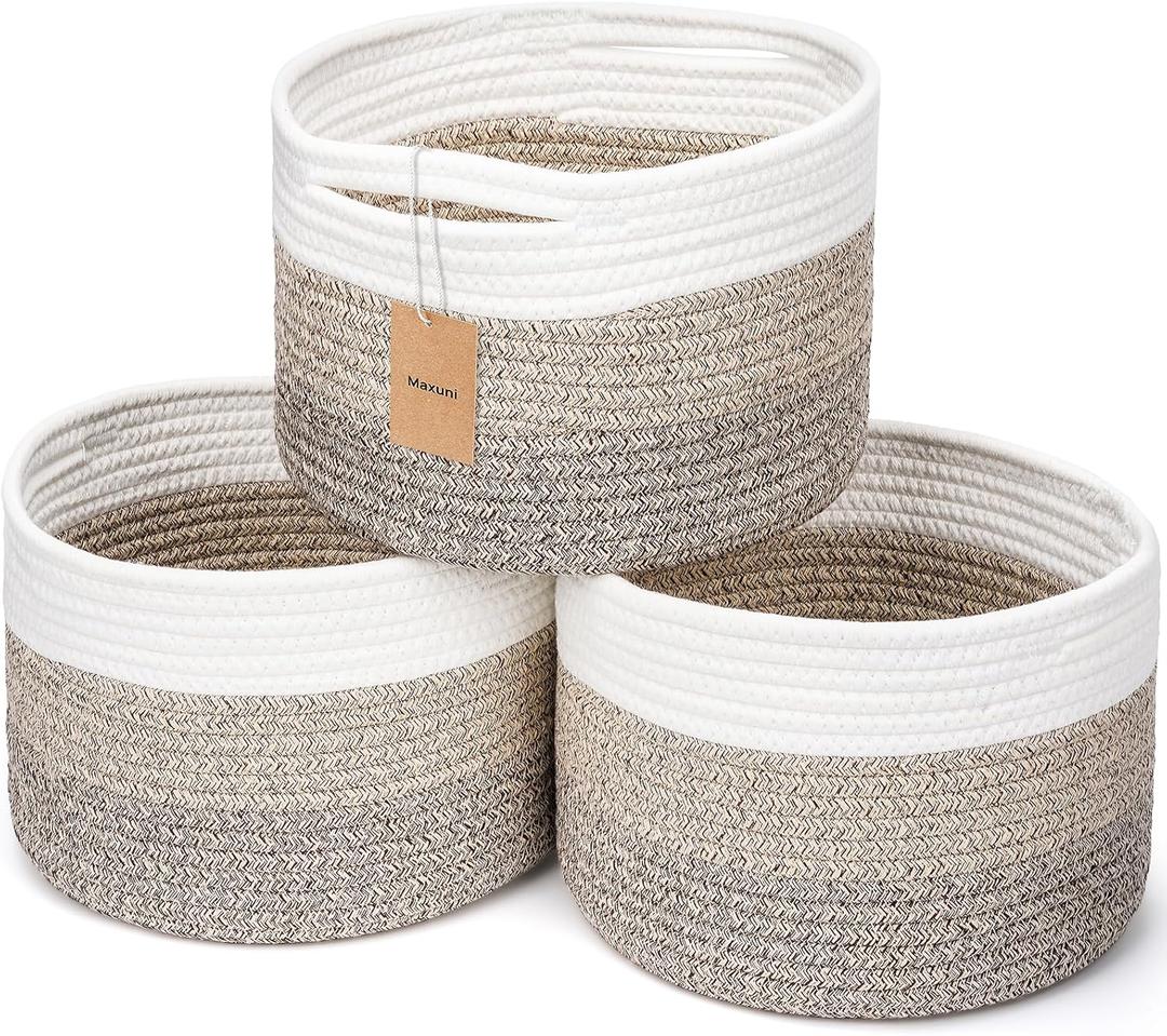 Small Rope Baskets for Storage, Baskets for Gifts Empty, Cute Round Woven Basket, Decorative Shelf Baskets 9.829.827.1", Cotton Toy Storage Bins for Organizer 3 Packs Mixed Brown