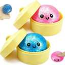 2 Pack Mini Dumpling Squishy Fidget Toys, Glitter & Bead Filled Stress Balls, Soft Slow Rising TPR Smiley Squeeze Toy, Tear-Resistant Sensory Toy for Stress Relief, Party Favors (Pink & Blue)