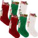 6 Sets of Christmas Stockings, 18" Stranded Knit Hanging Stockings + Black & Red Snowman Name Tag, for Family Holiday Parties, Xmas, Mantle Decorations, Festival Decoration (Red, Green, White)