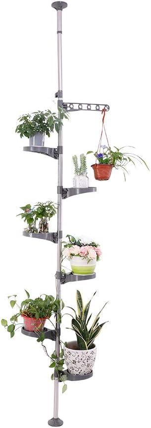 BAOYOUNI 7-Tier Indoor Plant Pole Spring Tension Rod Expandable Flower Pots Display Rack Stand Hanger Metal Corner Storage Shelf, Grey (Gray)
