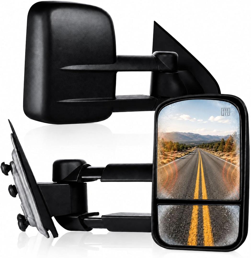 Towing Mirrors, Fit 2014-2018 Chevy Silverado GMC Sierra 1500, Fit 2015-2019 Silverado Sierra 2500 HD 3500 HD Power Adjusted Heated Glass Extended Tow Mirror Side Mirror Black, 2014-2017 Chevy silverado