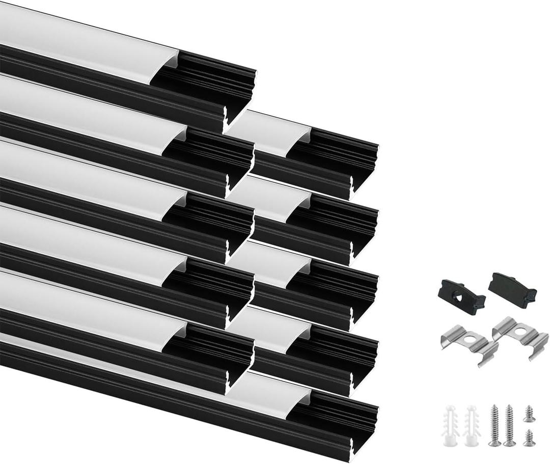 Besseto 10Pack 3.3Ft/1M Black LED Aluminum Channel,LED Strip Light Diffuser Aluminum Channel Profile Housing Extrusion for Under Cabinet Counter and Stairs (Black-10Pack 3.3ft)