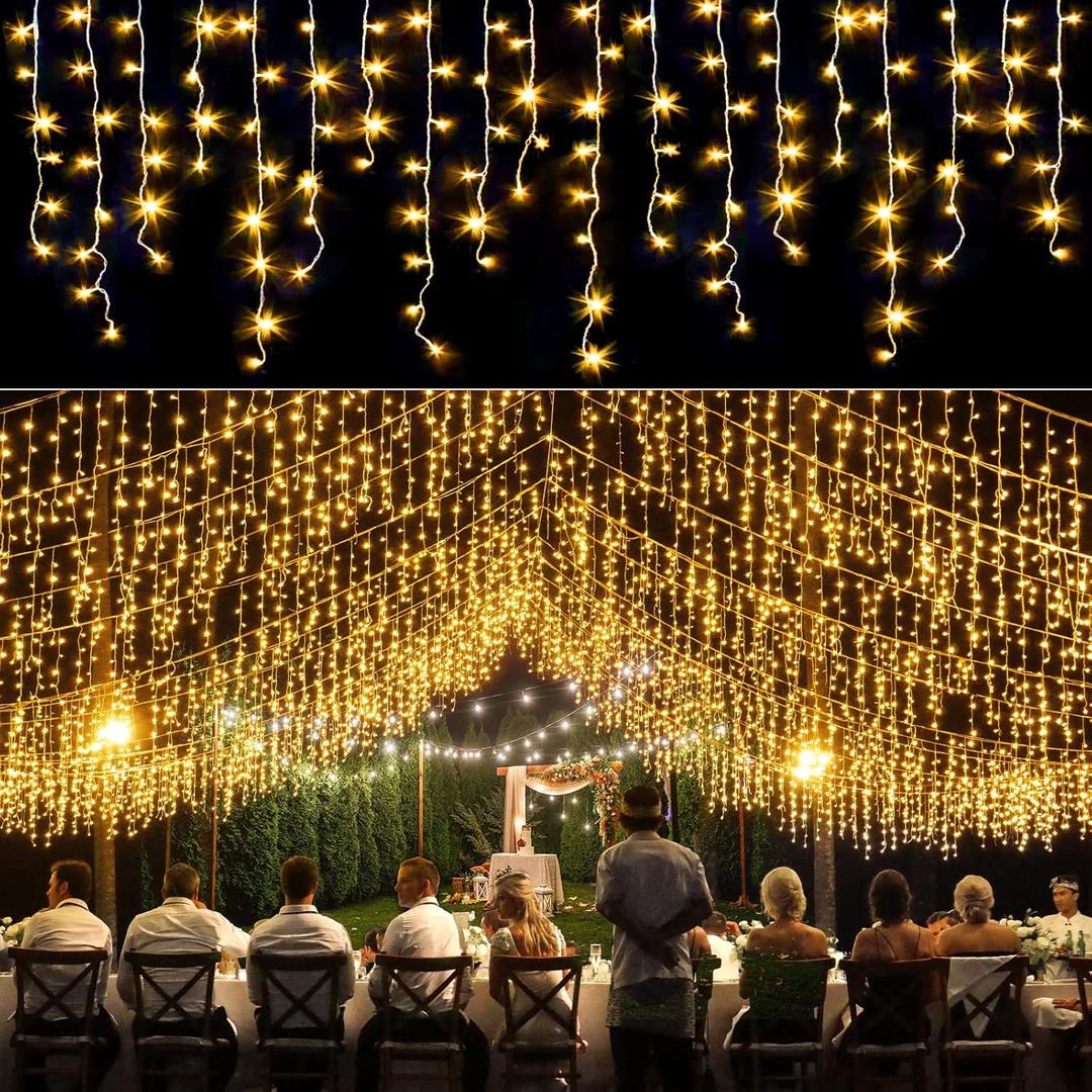 Icicle lights Outdoor - 33ft Christmas Lights with 400LED 75 Drops 8 Modes, Plug in Curtain String Lights Waterproof for Holiday Wedding Party Home Garden Bedroom Indoor Decoration, Warm White