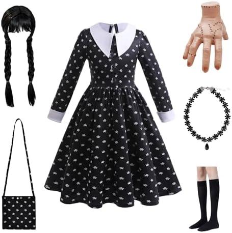 Halloween Cosplay Costume Girls Dress Kid Teen Black Outfit With Wig Bag Earrings Socks Size 130