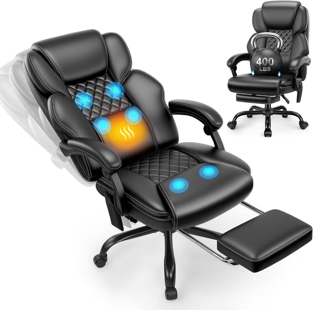 Massage Office Chair, Footrest, 6-Point Vibration, Heat, 160° Recline 400lb