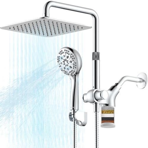 Upgraded Dual Shower Heads Combo, 10 inch Filtered Shower Head with Handheld, 3-Way Rain Shower Head with Filters, 7 Settings Handheld Spray, High Pressure, Height Adjustable (Silver)