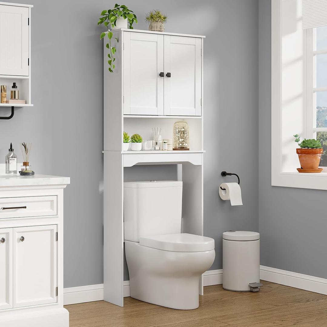 RRX Over The Toilet Storage Cabinet,Bathroom Above Toilet Cabinets Organizer, 24.8" L x 9.1 "W x 65.7 "H Free Standing Toilet Rack with Adjustable Shelf and Open Storage,Double Doors(Pure White)