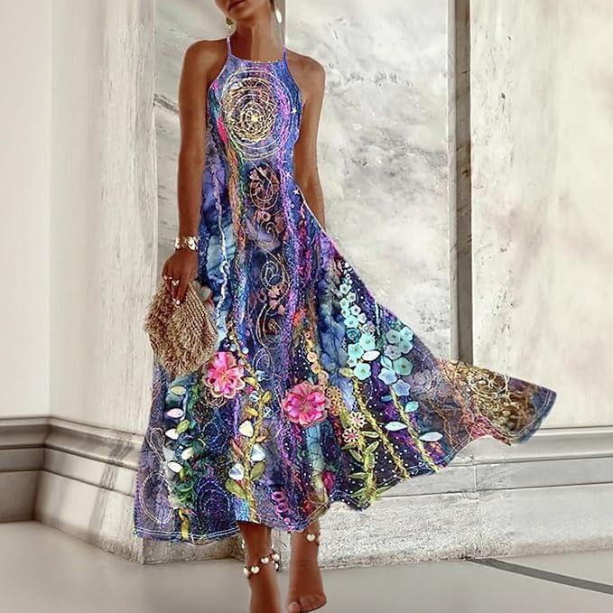 Women's Summer Blue Floral Print Halter Neck Maxi Dress, Boho Sleeveless Flowy Vacation Dress Small