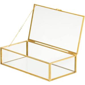 Vintage Glass Jewelry Box Keepsake Box with Hinged Lid, Great for Storage Trinket/Jewelry/Card/Photo, Gold Decorative Box for Dresser-15612E (Small, Glod / Transparent)