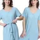 Mad Dog Women's Night Shirts - Soft Waffle Knit Womens Sleep Shirts, Short Sleeves Button-Up Pajamas Nightgowns Sleep Dress (XX-Large, Blue)