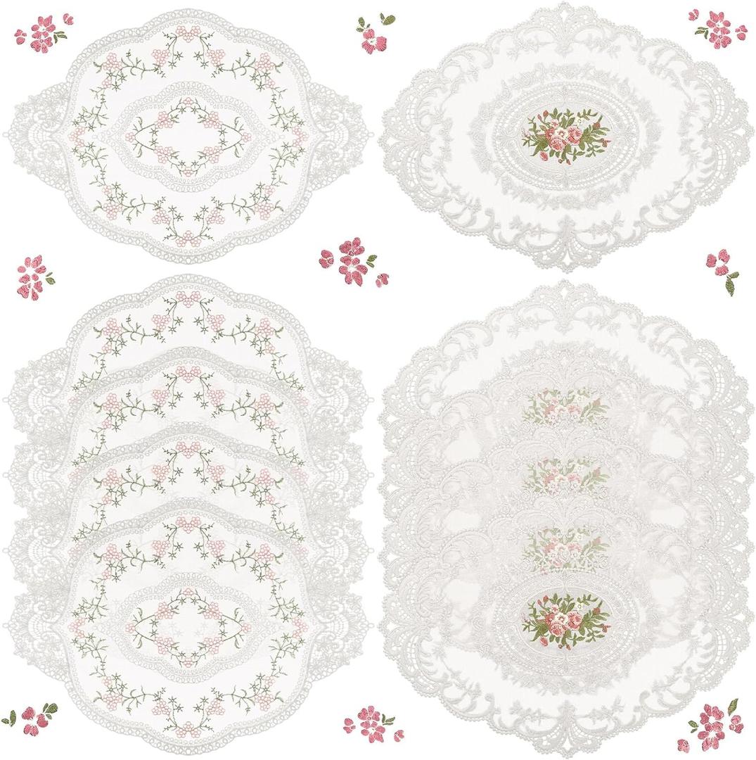 Mixweer 10 Pcs White Retro Lace Placemats Oval Embroidered Table Place Mats French Crochet Doilies Vintage Coasters Cup Mat 12'' x 16'' for Wedding Cup Vase Table Decor