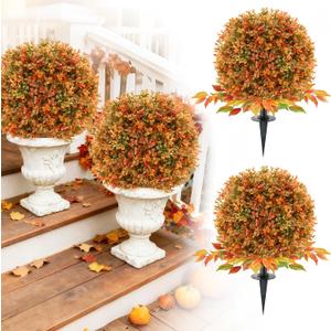 2 Pack Artificial Fall Flower Topiary Ball with Ground Spikes, UV Resistant Orange Boxwood Outdoor Faux Shrubs Plants for Fall Autumn Thanksgiving Halloween Decor, Garden Porch Yard Patio
