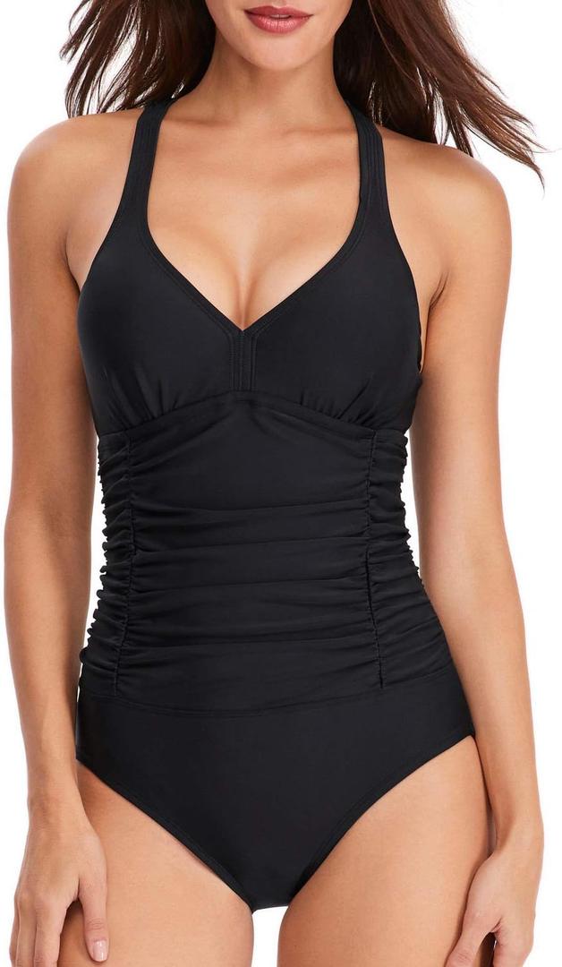 One Piece Swimsuit Women Tummy Control Cross Back Bathing Suit V Neck Adjustable Straps Ruched Swimwear (X-Large, 1-blacks)
