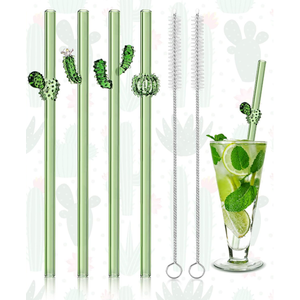 Meanplan 4 Pcs Reusable Glass Straws with Design, 8 mm x 7.9 Inches Cactus on Green Straws with Cleaning Brush for Smoothie Cocktail Juice Shakes Beverages