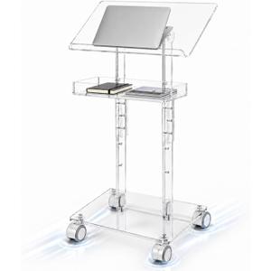 Sintuff Acrylic Podium Stand 47"h Adjustable Height Rolling Podium with Wheels Storage Shelf Rolling Laptop Cart Storage Shelf Portable Lectern Pulpit for Church Classroom Wedding Speech