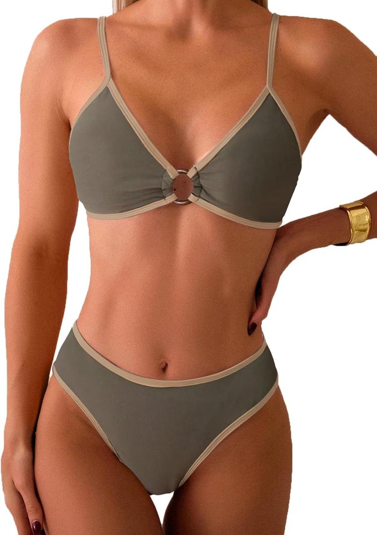 Fanuerg Women's Triangle Bikini Sets Circle Ring Linked Two Piece Swimsuit Color Block Cheeky Bathing Suits (Medium, Army Green)