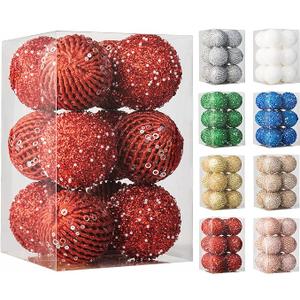 12PCS Red Glitter Christmas Tree Ornaments – 3.15” Shatterproof Baubles with Clear Sparkly Sequin & Star Accents, Holiday Ball Decorations for Xmas Tree, Party & Home Décor (Burgundy Red)