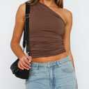 Women's One Shoulder Tank Top Sleeveless Ruched Slim Fit Y2K Basic Going Out Crop Tops (Brown, L)