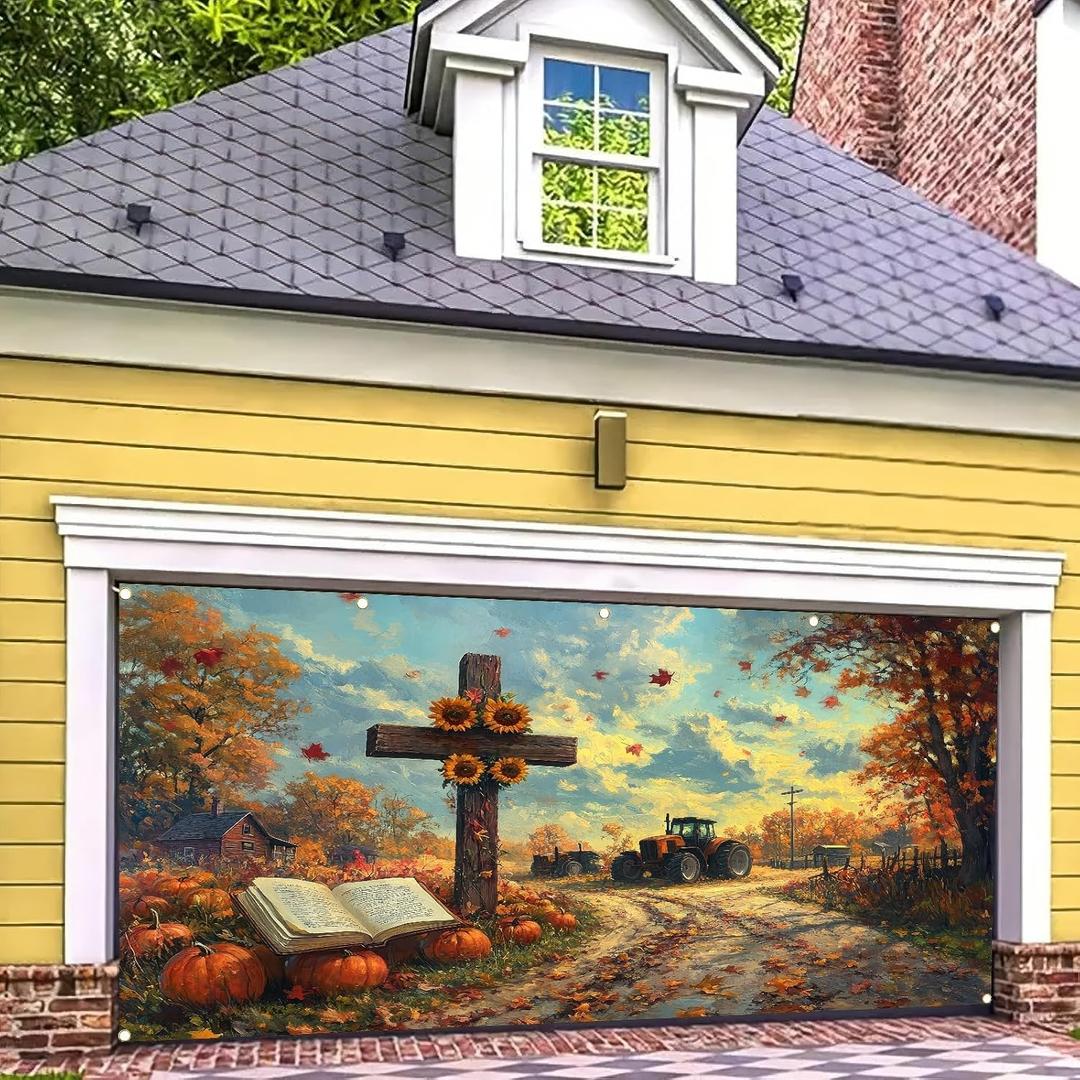 Fall Thanksgiving Garage Door Banner 13x6ft Thanksgiving Theme Backdrop Farmhouse Fall Backdrop Decor Cross Pumpkins Sunflowers Photo Prop Background for Autumn Yard Outdoor Decor