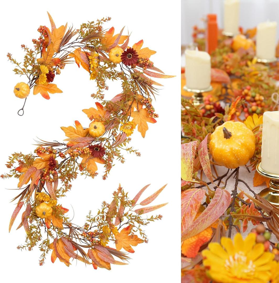 Fall Garland, 6.56FT Fall Artificial Berries Pumpkin Maple Leaf Garland Decor, for Home Autumn Harvest Thanksgiving Fireplace Door Frame Porch Indoor/Outdoor Holiday Party Decorations.