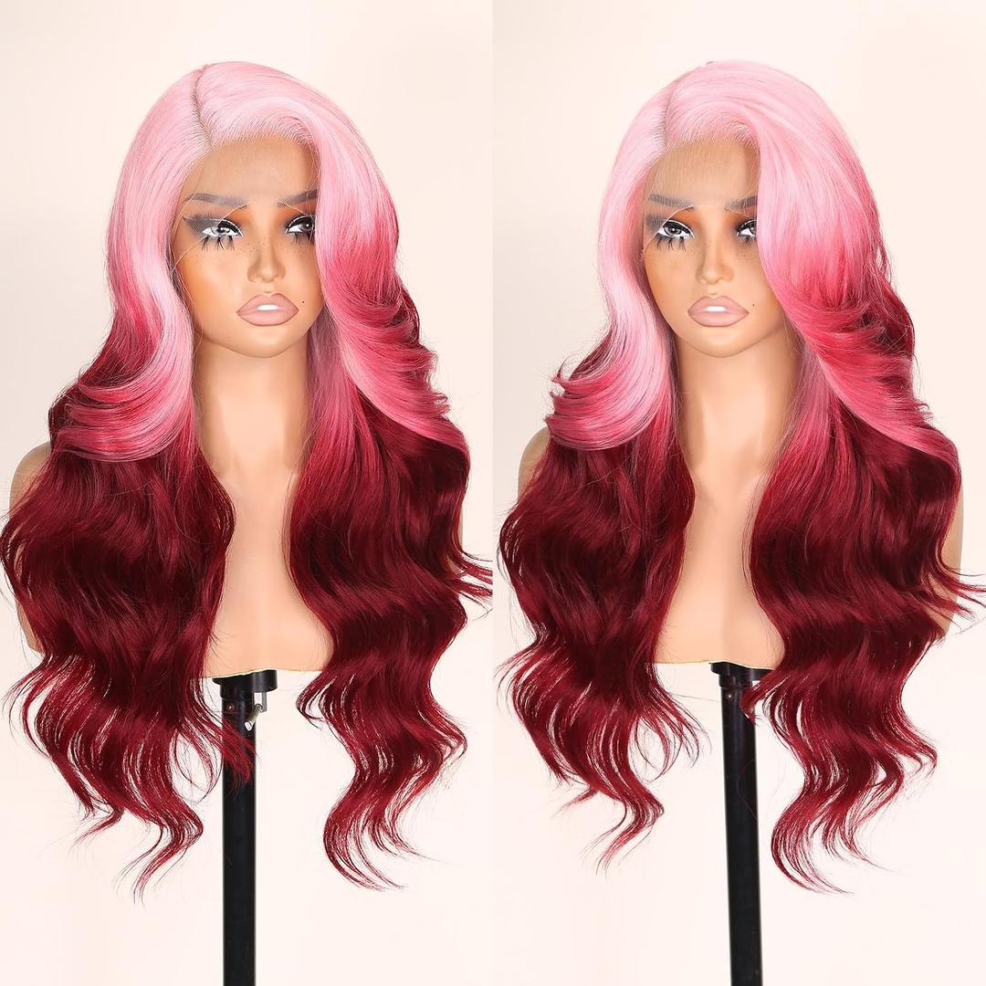 FABÉLLE Synthetic Lace Front Wig Pink Red Wigs Glueless Wigs for Black Women 24 Inch Beginner Friendly Pink Hair pink lace front wig
