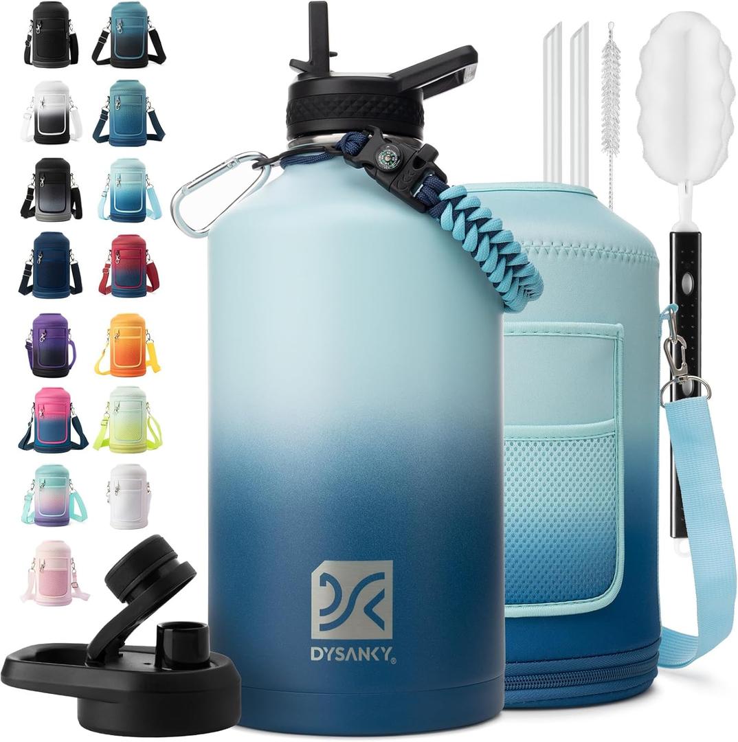1 Gallon Water Bottle Insulated | Thickened Stainless Steel Vacuum Metal Water Jug | Portable Sports Large for Gym and Hiking with Straw, Carrier Bag, Handle Strap | BPA-Free 128 oz (Gradient Blue)