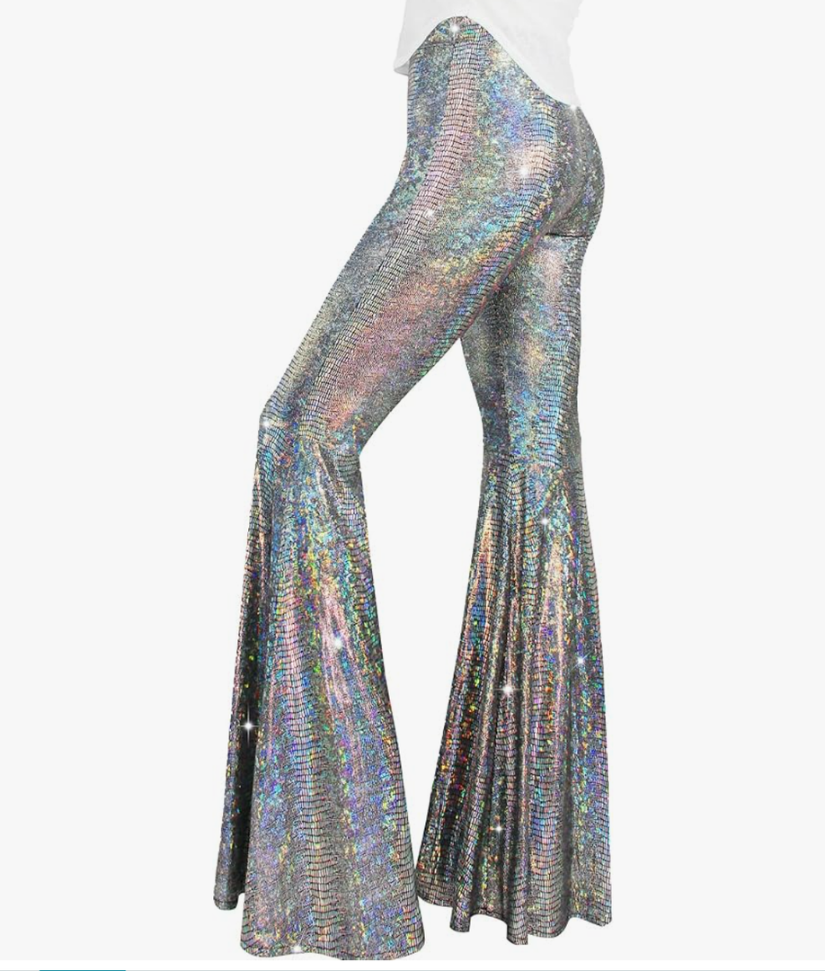 Womens Sequin Flare Pant Sparkly High Waisted Leg Bell Bottom Glitter Trousers Night Out Clubwear, S
