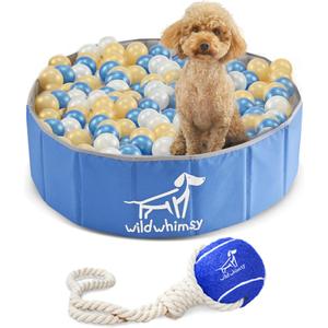 Wild Whimsy Dog Ball Pit - Combo Pack 32" Inch Small Foldable Ball Pit for Dogs with Rope Tug Ball Toy -Indoor Outdoor Playpen with Metal Reinforcement Ring - Storage Case Included