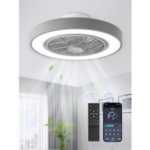 LEDIARY 20 Inch Low Profile Ceiling Fan with Light, Led Bladeless Ceiling Fans, Remote Control Enclosed Flush Mount Ceiling Fan with Timming, 3000-6000K, 6 Wind Speed, 3000LM, 57W-Grey (Gray)