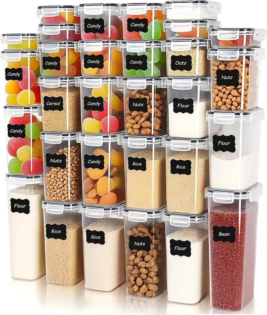 30 PCS Airtight Food Storage Containers with Lids, Plastic Kitchen and Organization Canisters for Cereal, Dry Food, Flour and Sugar, BPA-Free, PVC-Free, Includes Labels & Marker