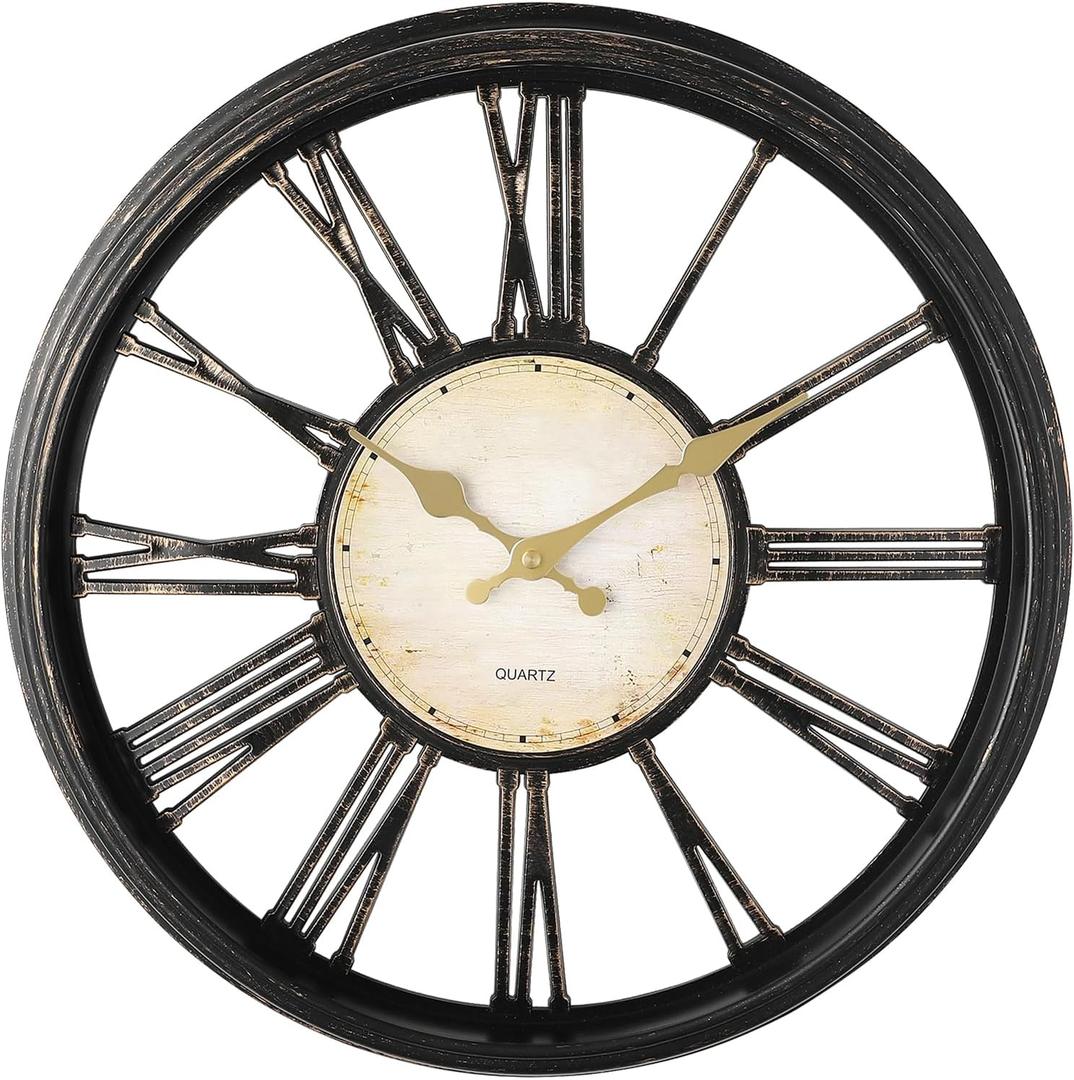 Vintage Style 16'' Wall Clock with Roman Numerals - Modern Timepiece Battery Powered for Home - Classicl Silent Non-Ticking Clocks for Living Room - Bedroom - Kitchen Wall Clock (Black)