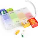 Weekly Pill Organizer 1 Time a Day  Travel Pill Case 7 Day, Small Pill Box 8 Compartments Push Open, with Color Slots, Medicine Organizer for Fish Oil, Vitamins, with Wrist Lanyard, BPA Free, Black (White)