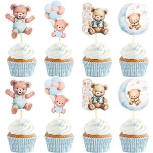 24 PCS Blue Bear Cake Toppers We Can Bearly Wait Cupcake Toppers for Teddy Bear Themed Birthday Party Gender Reveal Cake Decorations Party Supplies Pastries Desserts Decor