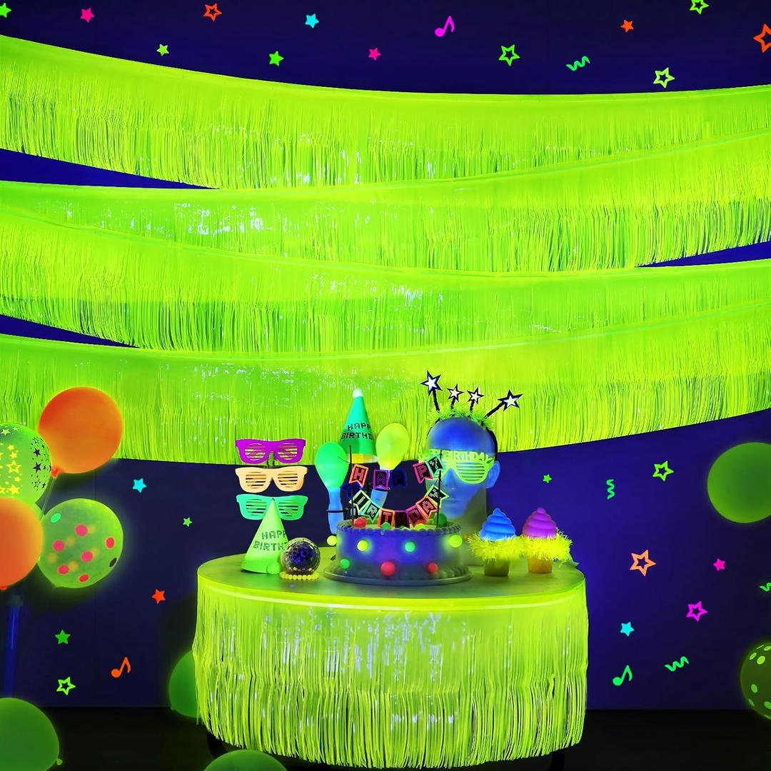 Mega-L Glow in The Dark Party Supplies, 4 Pack Foil Fringe Garland Birthday Party Decorations 9.8 ft Fluorescent Macaron Yellow Metallic Tinsel Streamers Banner, Glitter Photo Booth Prop Table Skirt