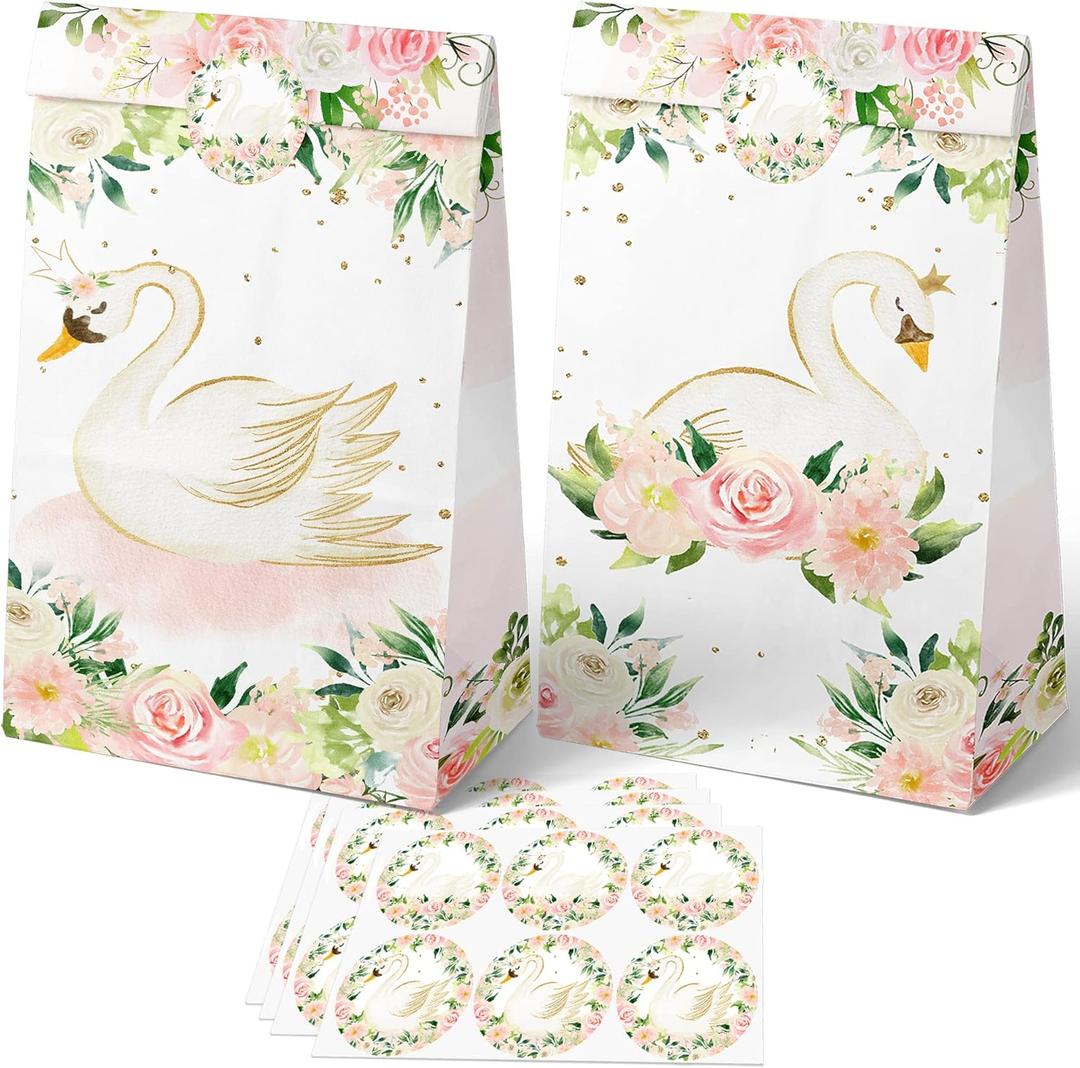 24 PCS Swan Party Favor Bags With Stickers - Candy and Goodie Gift Treat Bags for Swan Themed Birthday Party Supplies