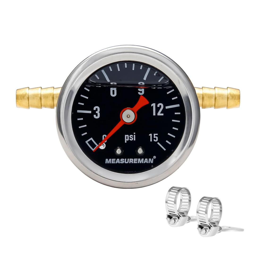 MEASUREMAN Fuel Pressure Gauge Kit 0-15Psi Stainless Steel Glycerin Filled, 1-1/2" Black Dial Size, with 5/16" Fuel Line Fuel Pressure Brass T-Fitting Adapter, Center Back Mount