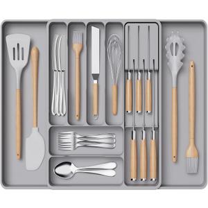 Lifewit Silverware Organizer for Kitchen Drawers, Expandable Utensil Tray with Removable Knife Block, Adjustable Cutlery and Flatware Holder, Plastic Spoon Forks Holder Storage Divider, Large, Gray