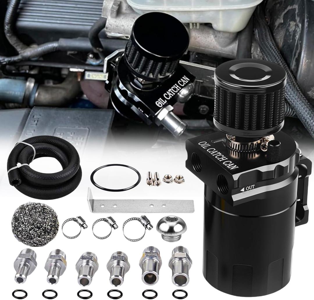 Universal 300ml Aluminum Baffled Oil Separator Catch Can Kit with Installation Bracket and Thickening Tube Black