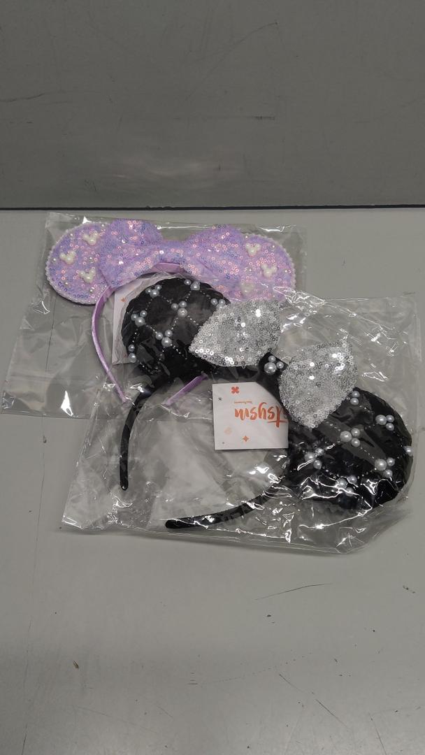 Batsysm Beaded Mouse Ear Hair Bow Headband, Sequin Glittering Fashion Hairband for Women Girls 2 Pack