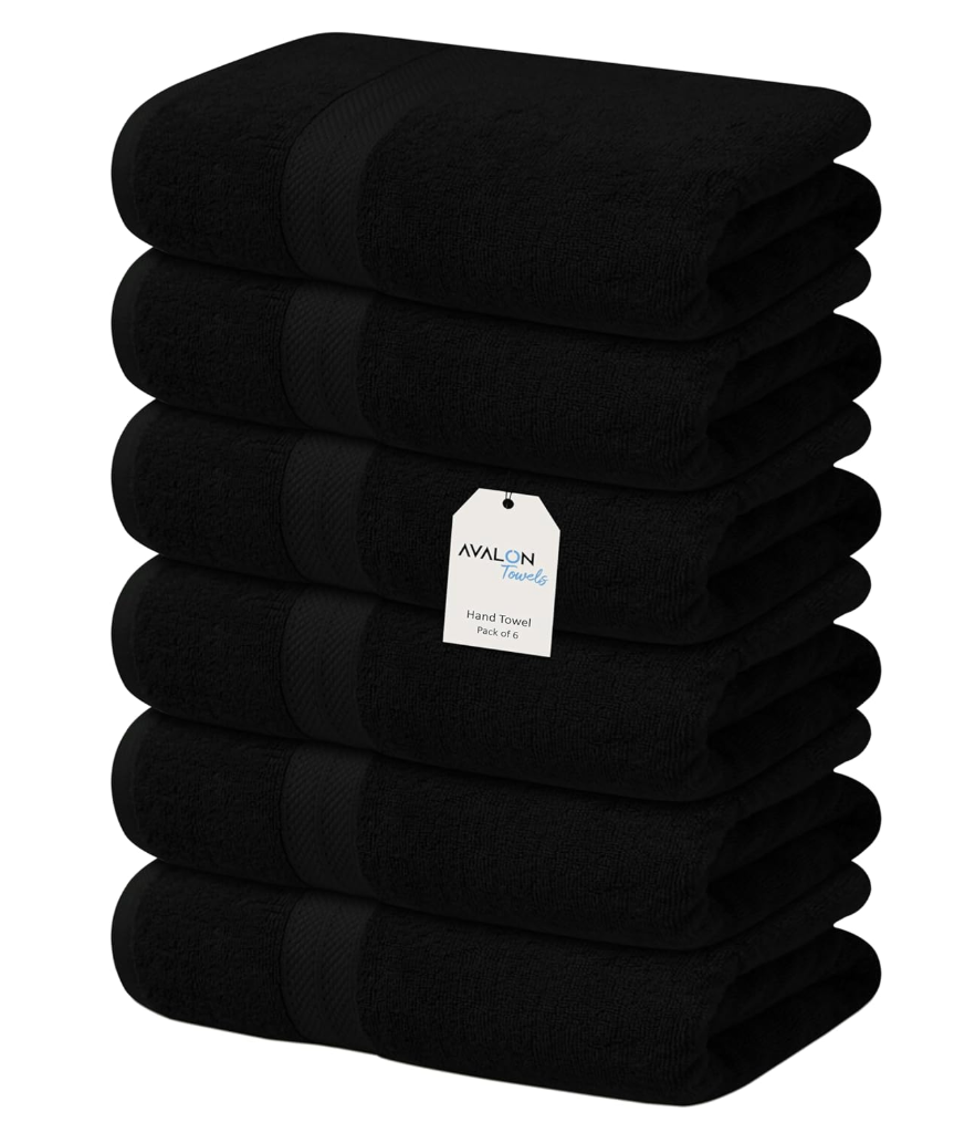 Avalon Towels Luxury Hand Towels (Pack of 6) Premium Cotton, Soft and Highly Absorbent Hand Towels for Bathroom, 600 GSM Face Towels, Hotel & Spa Quality, Quick Dry (Black)