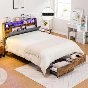 COMHOMA Platform Bed Frame with LED Lights and Charging Station, Storage Headboard and Footboard Drawers, No Box Spring Needed, Rustic Wood Look (Queen) (Vintage Brown and Grey)