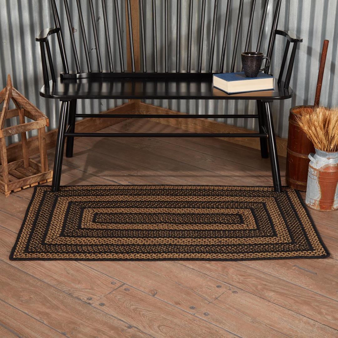 VHC Brands Farmhouse Primitive Jute Black Striped Rug Rectangle w/Floor Pad 27"x48"