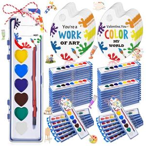 Sabary 50 Pack End of School Year Gift for Student Watercolor Paint Set Bulk with Card and Rope 8 Washable Watercolor Paint with Brush for Last Day of School Classroom Kid Art Party Favor (Heart)