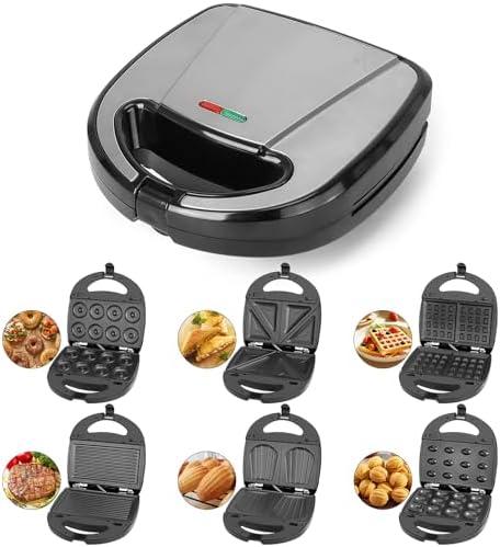 6 in 1 Mini Waffle Maker with Removable Plates, Mini Donut Maker Machine Multi Breakfast Sandwich Maker with Non-stick Surface for Snack, Breakfast