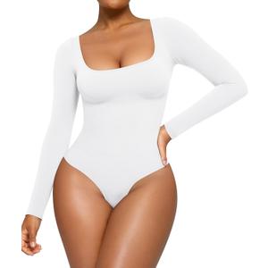 CYDREAM Long Sleeve Bodysuits for Women - Square Neck Shapewear Bodysuit Tops Going Out Body Suits Shirt Leotard (Medium, White)
