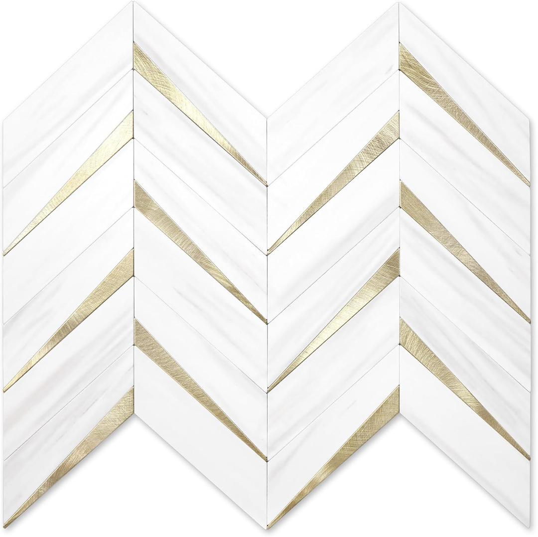 STICKGOO 10-Sheet Herringbone Tile Peel and Stick Backsplash, Dolomite White Mixed Light Gold PVC Stick on Backsplash, Self Adhesive Wall Tile for Kitchen and Bathroom