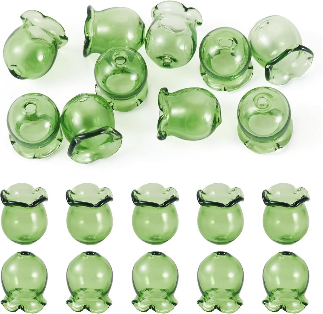 FASHEWELRY 10Pcs Trumpet Flower Glass Beads Caps 12mm Clear Crystal Floral Jellyfish Bead for Dangle Drop Earring Jewelry Making Craft Wind Chimes (Green)